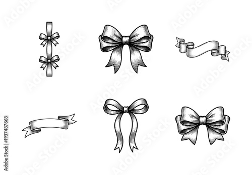 Set of vintage engraved ribbons and decorative bows in classic woodcut style for elegant gift wrapping and banner design elements.