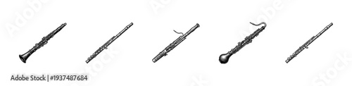 Set of woodwind musical instrument sketches including clarinet flute bassoon and oboe in a detailed vintage engraving style