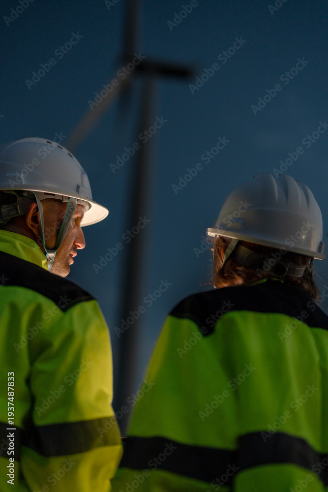 Fototapeta premium Leading the zero emission transition. Environmental specialists coordinating renewable wind turbine operations. Dedicated to sustainable global ESG initiatives.