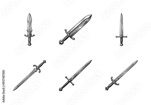 Set of medieval swords and daggers in vintage woodcut style, featuring ornate hilts and varied blade shapes for historical and fantasy design