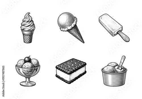 Set of vintage engraved ice cream desserts including soft serve, scoops in cones, bars, sandwiches, and bowls in a detailed woodcut style.