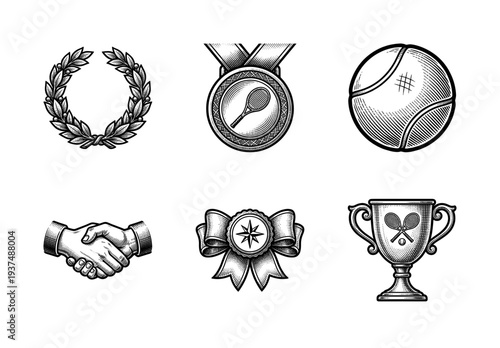 Set of tennis sport achievement icons featuring trophy cup, medal, laurel wreath, and tennis ball in vintage woodcut engraving style