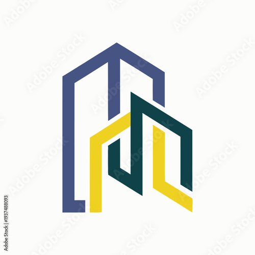Abstract building icon logo design template isolated on white background depicting a dynamic and modern architectural structure with interconnected lines and vibrant colors