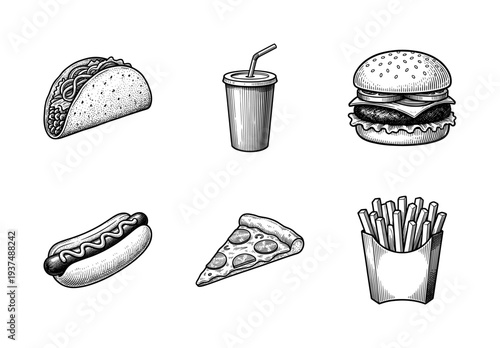 Set of vintage woodcut style fast food illustrations including burger taco pizza slice hot dog french fries and soda cup