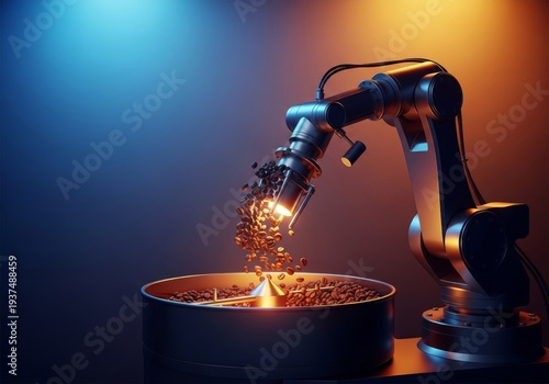 Robotic arm precisely roasts premium coffee beans in a modern, automated production facility, ensuring consistent quality and efficiency, industrial, precise, premium coffee