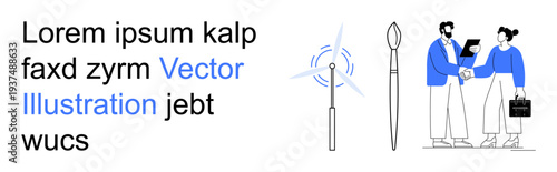 Environmental sustainability, teamwork, renewable energy, innovation, creative tools, professional collaboration. Two people shaking hands, a spinning wind turbine and design tools. Renewable energy