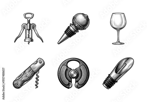 Vintage style engraving illustration of wine accessories set including corkscrew bottle stopper glass foil cutter and aerator pourer