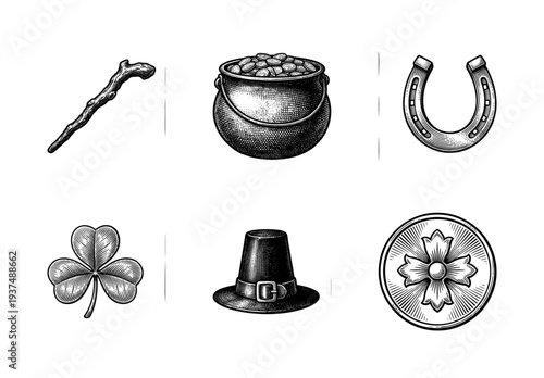 Set of vintage woodcut style Irish folklore and Saint Patrick's Day icons including clover, horseshoe, and pot of gold.