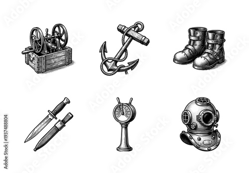 Vintage nautical and deep sea diving equipment collection featuring a helmet, anchor, and telegraph in a hand drawn etching style.