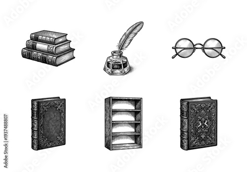 Vintage collection of scholarly library icons including antique books, feather quill in inkwell, spectacles, and wooden bookshelf in a classic woodcut engraving style.