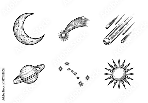 Set of celestial and astronomical icons featuring sun moon planets and stars in a vintage hand drawn engraving style.