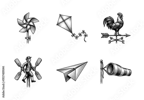 Vintage engraving style collection of wind and flight related objects including weather vane kite pinwheel and paper airplane