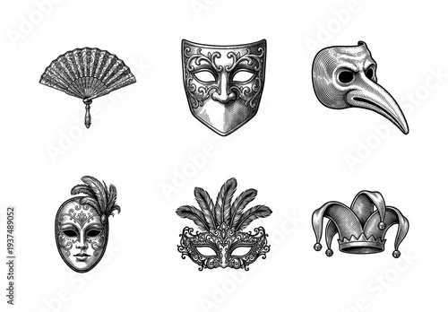 Vintage engraving style collection of Venetian carnival masks including medico della peste and jester hat on white