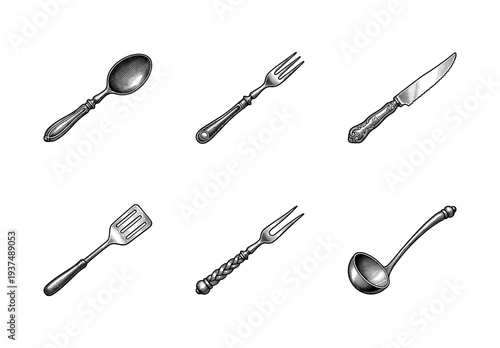 Vintage style hand drawn engraving of kitchen utensils including spoon fork knife spatula meat fork and ladle on a white background