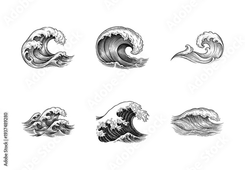Set of vintage ocean wave illustrations in hand drawn engraving style featuring diverse crests and nautical curls