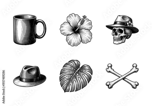 Vintage engraving style collection of tropical and macabre elements including a skull in a fedora, hibiscus flower, monstera leaf, crossbones, and ceramic mug