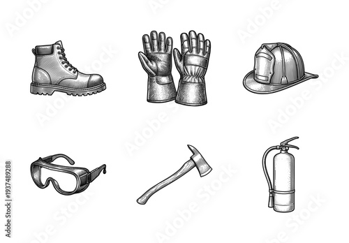 Firefighter safety equipment and rescue tools collection in vintage woodcut engraving style