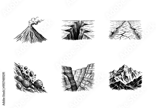 Set of hand drawn monochrome illustrations depicting geological phenomena and natural disasters including volcanoes, canyons, earthquakes, and landslides.