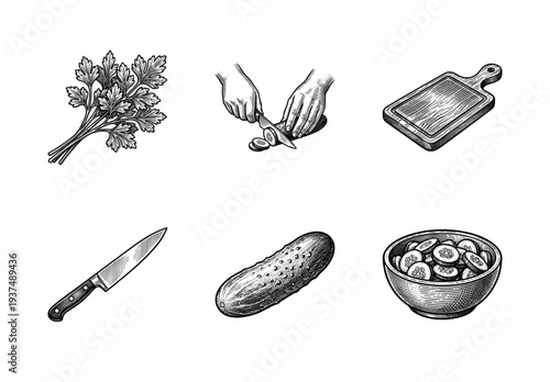 Vintage engraving style culinary set featuring fresh cucumber, parsley, wooden cutting board, chef knife, and sliced vegetable salad bowl