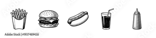 Vintage hand drawn engraving style fast food set featuring french fries burger hot dog soda and ketchup bottle