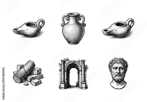 Ancient Greek and Roman archaeological artifacts set featuring classical amphora oil lamps ruins arch and marble philosopher bust in vintage engraving style