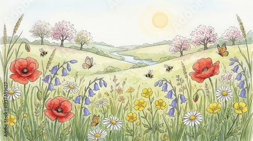 Watercolor Wildflowers in Green Meadow.