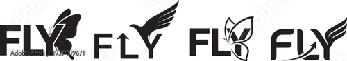 Fly word logo set with butterfly leaf bird wing and arrow integrated into typography representing freedom growth nature movement and eco lifestyle concept modern creative typography vector collection