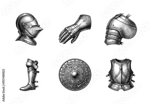 Medieval knight armor set featuring detailed engraving style illustrations of helmet, gauntlet, pauldron, greave, shield, and cuirass.