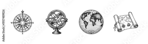 Vintage nautical and cartography collection featuring hand drawn illustrations of a compass rose, armillary sphere, terrestrial globe, and ancient scroll map.