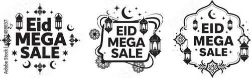 Eid mega sale promotional badge collection with crescent moon lantern star and Islamic ornament elements for Ramadan holiday marketing discount banner vector set