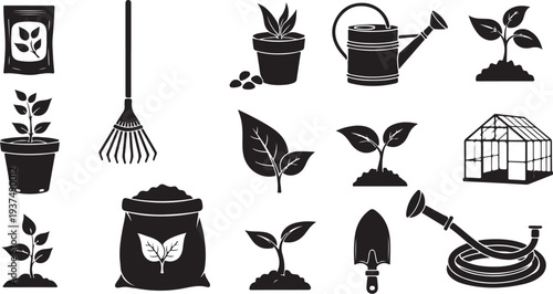 Gardening tools and plants in simple black and white