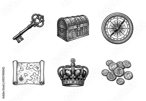 Vintage treasure hunt collection featuring hand drawn engraving style illustrations of a key chest compass map crown and coins