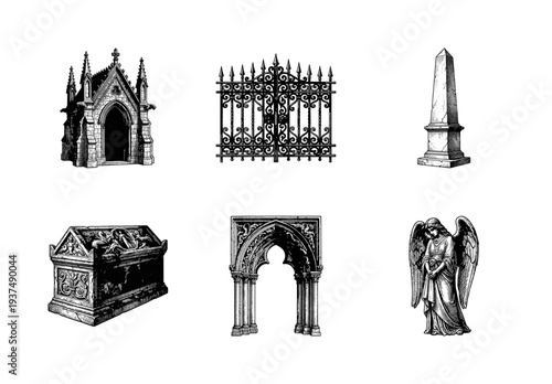 Set of gothic architectural elements and cemetery monuments in vintage woodcut engraving style featuring a mausoleum, wrought iron gate, obelisk, sarcophagus, arch, and angel statue.