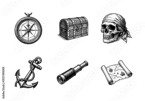Vintage pirate adventure icon set featuring hand drawn engraving style illustrations of nautical treasures and maritime navigation equipment.