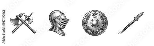 Medieval knight armor and weaponry set including engraved helmet shield spear and crossed battle axes in vintage woodcut engraving style