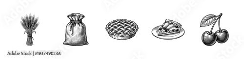 Set of vintage bakery and farm illustrations featuring wheat stalks, flour sack, whole cherry pie, slice on a plate, and fresh cherries in woodcut style.