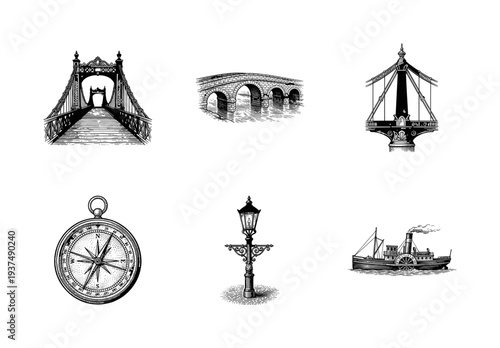 Vintage engraving collection of industrial era icons featuring stone bridges, suspension architecture, navigation compass, Victorian street lamp, and a paddle steamer boat