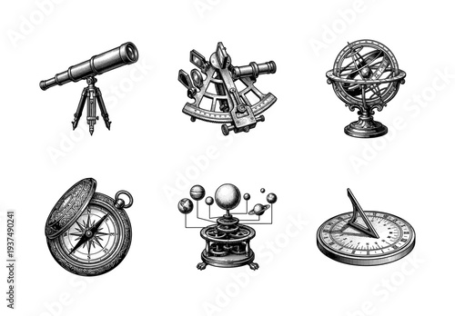 Vintage engraving collection of antique astronomical and navigational instruments including telescope, sextant, armillary sphere, compass, orrery, and sundial