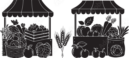 Farmers market stand with fresh produce and vegetables illustration