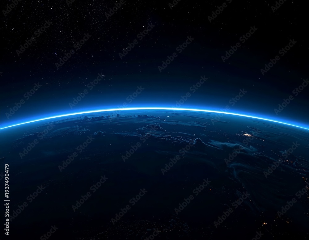 Naklejka premium Stunning View of Earths Horizon from Space with a Glowing Blue Atmosphere.