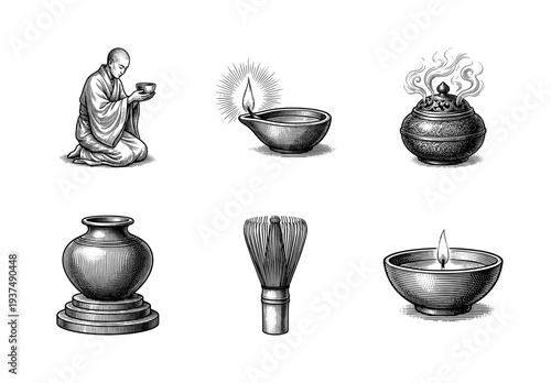 Zen culture collection featuring a meditating monk, incense burner, matcha whisk, and traditional oil lamps in a classic woodcut engraving style