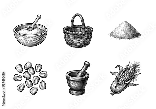 Vintage engraving style collection of corn harvest elements including maize cob, seeds, flour bowl, mortar and pestle, and woven basket