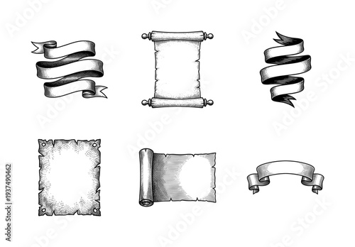 Set of vintage scroll and ribbon banner illustrations in a hand drawn woodcut or engraved style isolated on white
