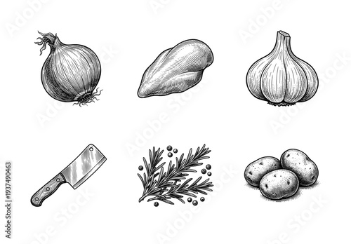 Vintage style hand drawn woodcut illustration of cooking ingredients including chicken breast, vegetables, herbs, and a meat cleaver