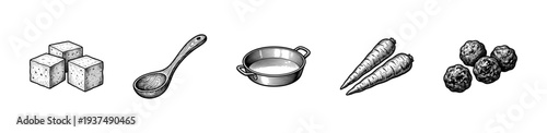Vintage style engraving of culinary items including sugar cubes wooden spoon metal cooking pot fresh carrots and meatballs on a white background.