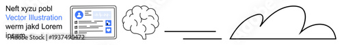 Artificial intelligence, cloud storage, neural networks, digital identity, data sharing, online services. Brain, user profile and cloud symbols connected visually. AI and cloud storage concepts