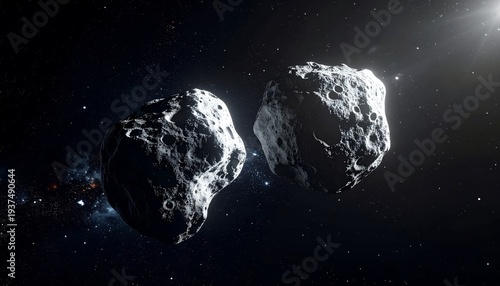 Two asteroids in deep space, illuminated by distant sunlight, with stars scattered across the dark background.