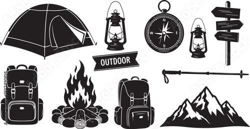 Outdoor adventure icons and camping equipment illustrations set