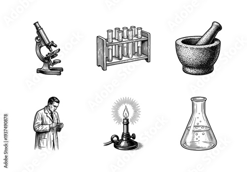 Vintage engraving style collection of laboratory equipment and science icons featuring microscope, test tubes, flask, and bunsen burner