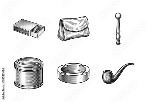 Vintage style engraving illustration of tobacco smoking accessories collection including pipe matches ashtray and pouch